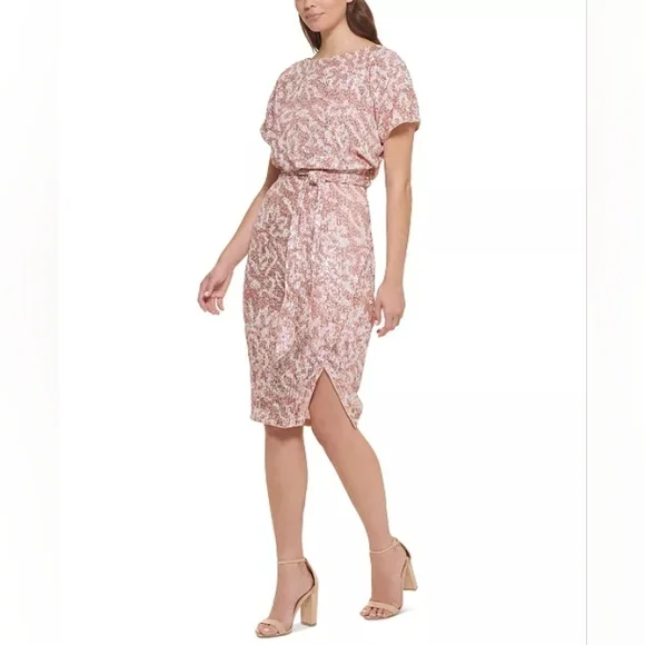 NWT Kensie Sequin Boat-Neck Tie-Waist Sheath Dress - Picture 2 of 8